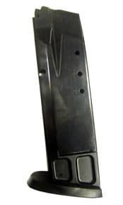 Black semi-transparent firearm magazine with witness holes and ergonomic design for reliable performance.