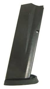 Durable matte black semi-automatic pistol magazine with tapered design and witness hole for easy use.