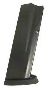 Durable matte black semi-automatic pistol magazine with tapered design and witness hole for easy use.