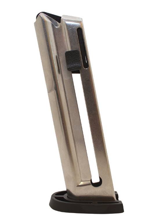 Stylish stainless steel firearm magazine with transparent window and durable polymer base for enhanced grip.