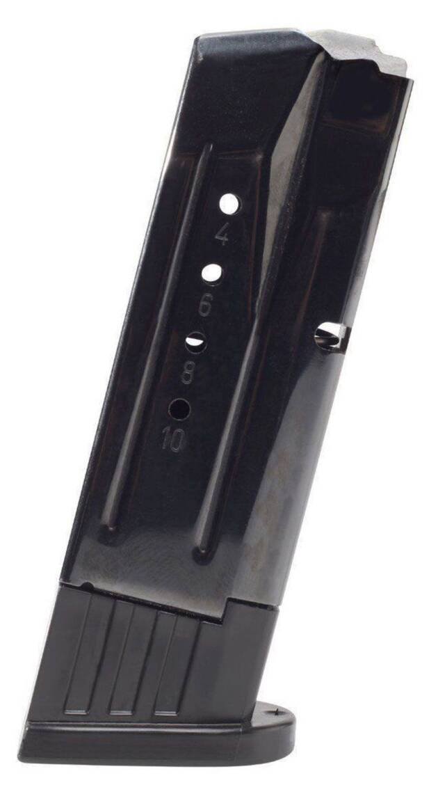Sleek black metal firearm magazine with round count indicators for reliable performance and quick checks.