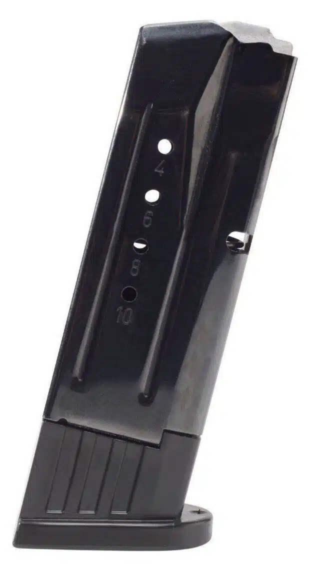 Sleek black metal firearm magazine with round count indicators for reliable performance and quick checks.