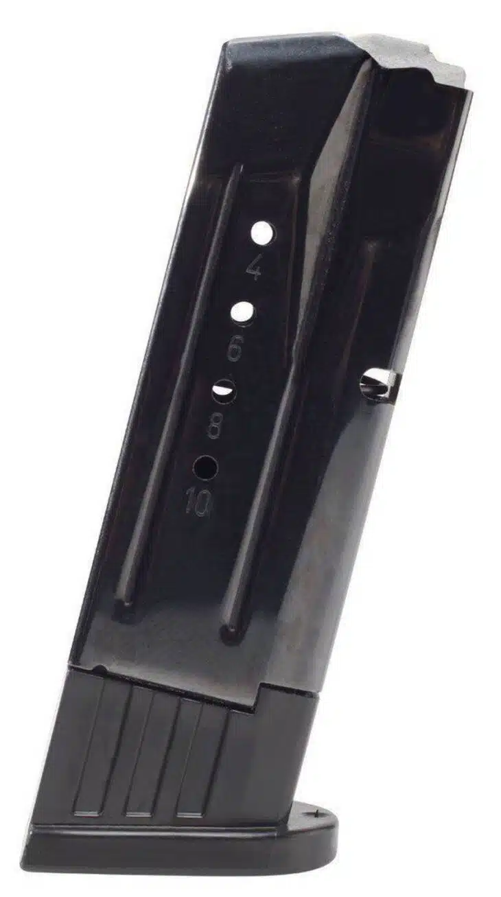 Sleek black metal firearm magazine with round count indicators for reliable performance and quick checks.