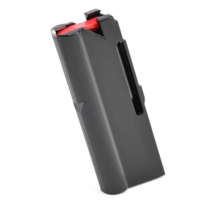 Durable matte black firearm magazine with bright red indicator for quick identification and efficient handling.