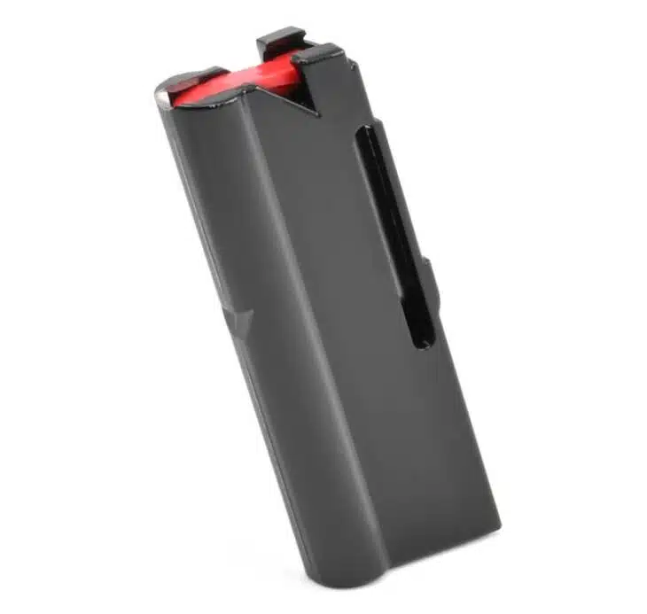 Durable matte black firearm magazine with bright red indicator for quick identification and efficient handling.