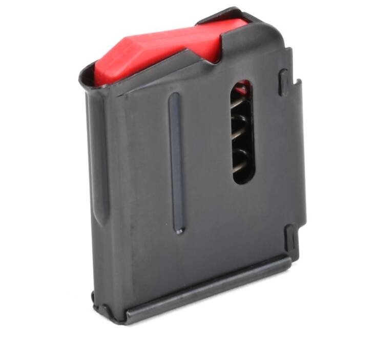Durable black firearm magazine with red follower and viewing window for easy ammunition management.