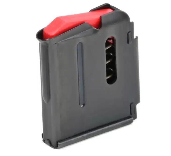 Durable black firearm magazine with red follower and viewing window for easy ammunition management.