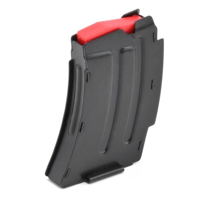 Sleek black firearm magazine with red follower for enhanced visibility and quick reloads.
