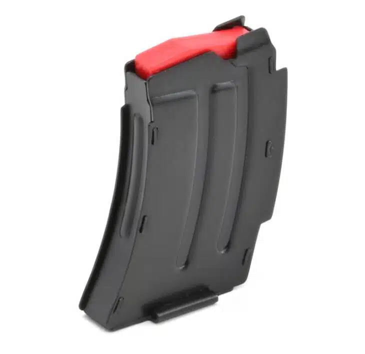 Sleek black firearm magazine with red follower for enhanced visibility and quick reloads.