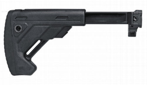 Adjustable black polymer gun stock for tactical firearms with ergonomic design and grip enhancement.