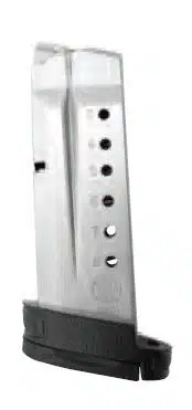 Extended 9mm magazine for Smith & Wesson M&P Shield, durable metal, reliable feeding, quick reloading.
