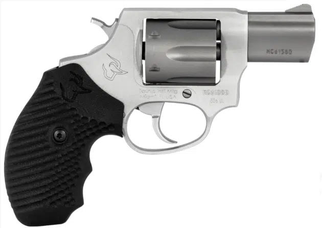 Compact revolver with ergonomic design, two-tone finish, and textured grip for self-defense.