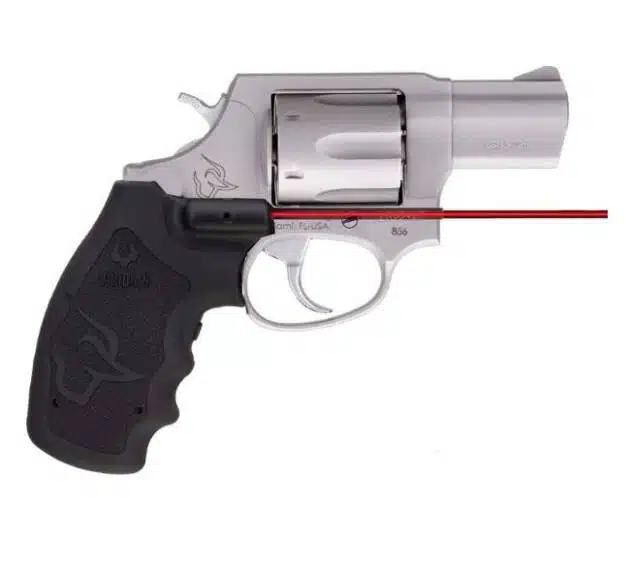 Sleek compact revolver with ergonomic grip and laser sight for self-defense and tactical use.
