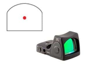 Compact reflex sight with green-tinted lens and red dot reticle for precise targeting.