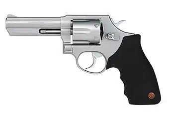 Sleek stainless steel revolver with rubber grip, perfect for personal defense and recreational use.