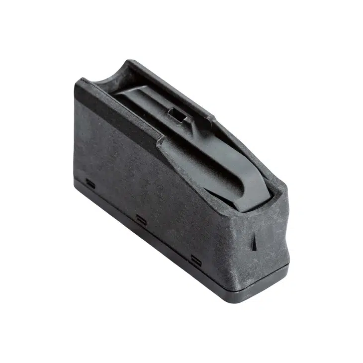 Durable polymer firearm magazine with ergonomic design and transparent slots for easy ammo monitoring.