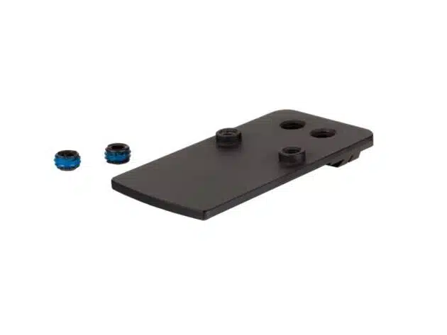 Compact black mounting accessory with blue washers for enhanced stability in technical applications.