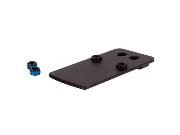 Durable black mounting plate with circular holes and blue accessories for secure installation.