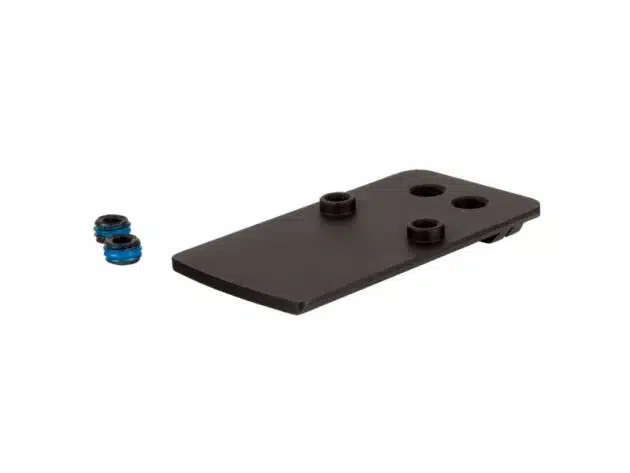 Durable black mounting plate with circular holes and blue accessories for secure installation.