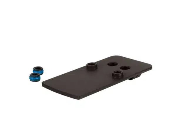 Black mounting plate with three holes and two blue spacers for secure assembly and stability.