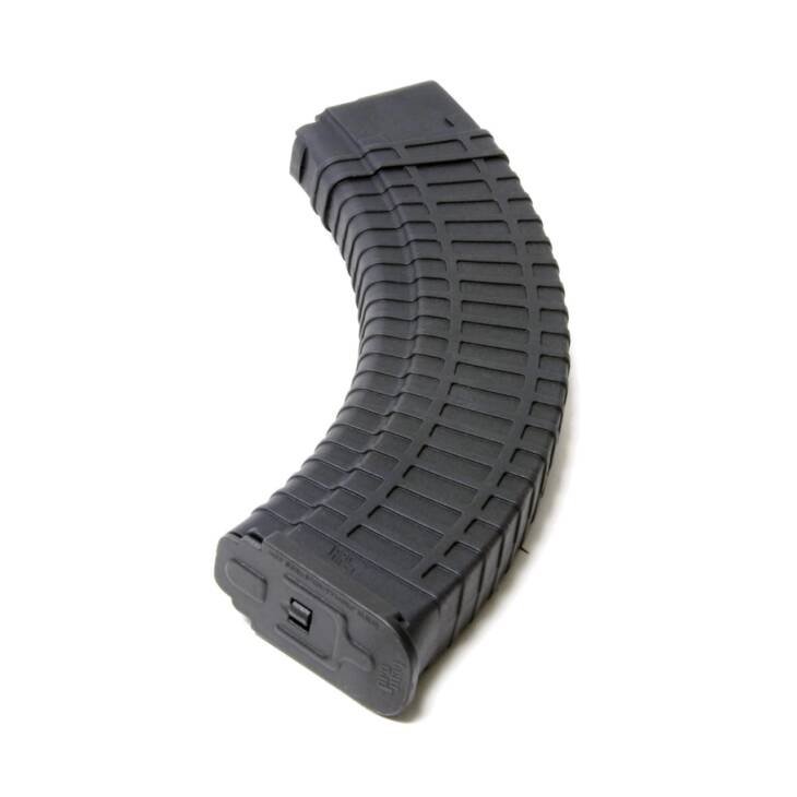 Ergonomic curved rifle magazine in durable polymer with textured grip and ammo window.
