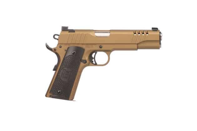 Tactical semi-automatic handgun with matte tan finish, ergonomic grip, and high-profile adjustable sights.