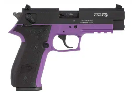 Stylish FireFly semi-automatic pistol in matte black with vibrant purple accents for standout appeal.