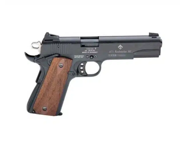 Elegant 1911-style pistol with matte black finish and polished wooden grips for superior handling.
