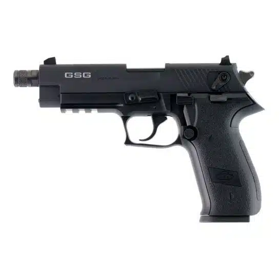 Sleek matte black tactical pistol with ergonomic grip, threaded barrel, and serrated slide for performance.