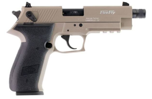 Sleek two-tone semi-automatic handgun with textured grip and threaded barrel for enhanced usability.