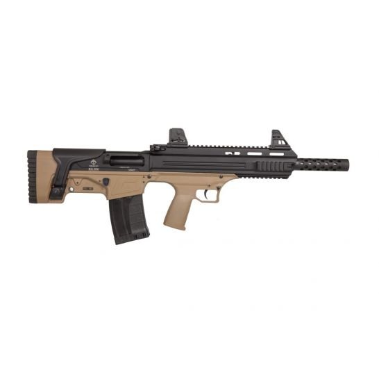 Compact bullpup 12 gauge shotgun with tactical tan finish and customizable features for optimal performance.