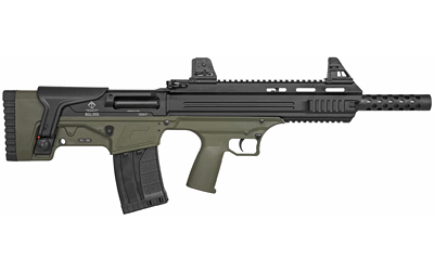 Modern tactical firearm with matte black finish and olive drab accents for enhanced performance.