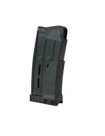 Lightweight polymer tactical magazine with ammunition indicators and textured grip for reliable performance.