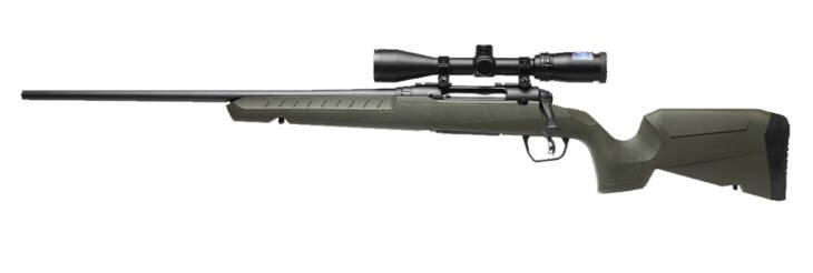 Precision bolt-action rifle with olive green stock and scope for hunting and competitive shooting.
