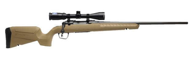 Compact tan rifle with a precision scope, ideal for outdoor shooting and hunting activities.
