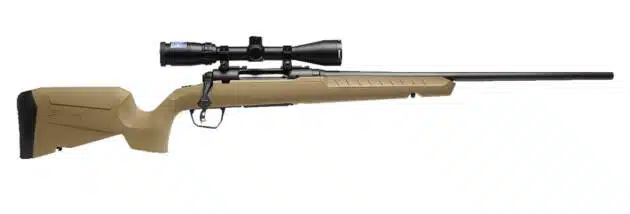 Compact tan rifle with a precision scope, ideal for outdoor shooting and hunting activities.