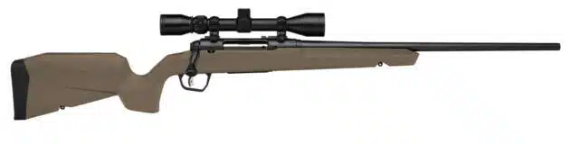 Sleek precision rifle with ergonomic tan stock and matte black scope for accurate long-range shooting.