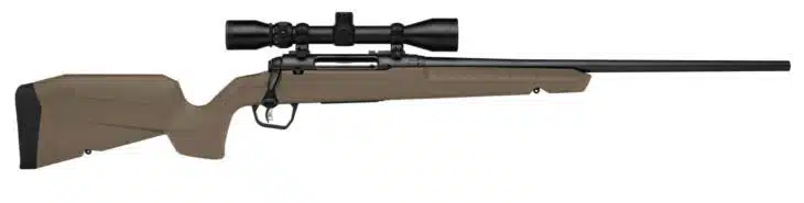 Sleek precision rifle with ergonomic tan stock and matte black scope for accurate long-range shooting.