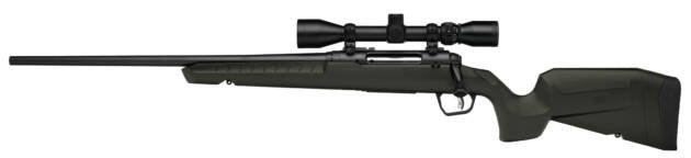 Sleek black rifle with green ergonomic stock and precision telescopic sight for hunting and sports shooting.
