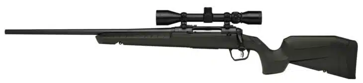 Sleek black rifle with green ergonomic stock and precision telescopic sight for hunting and sports shooting.