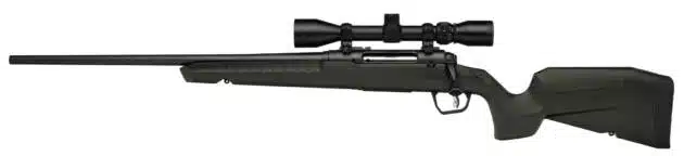 Sleek olive green tactical rifle with a black scope, perfect for precision shooting and hunting.