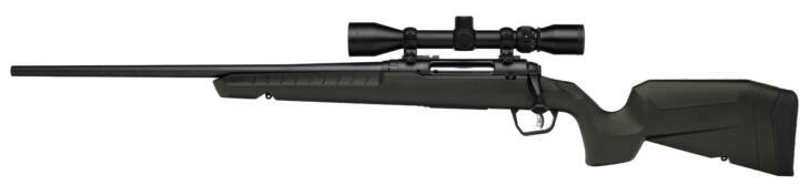 Sleek olive green tactical rifle with a black scope, perfect for precision shooting and hunting.