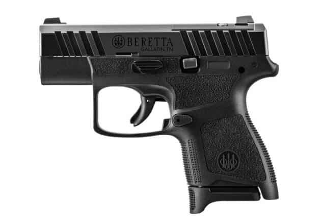 Compact Beretta pistol with ergonomic design, matte black finish, textured grip, and single-action trigger.