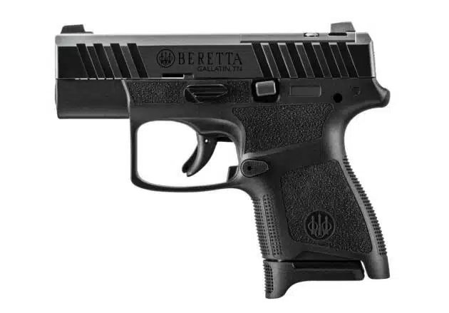 Compact Beretta pistol with ergonomic design, matte black finish, textured grip, and single-action trigger.