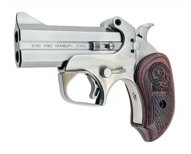 Elegant dual-barrel compact firearm with polished stainless steel and rich wooden grip for concealed carry.