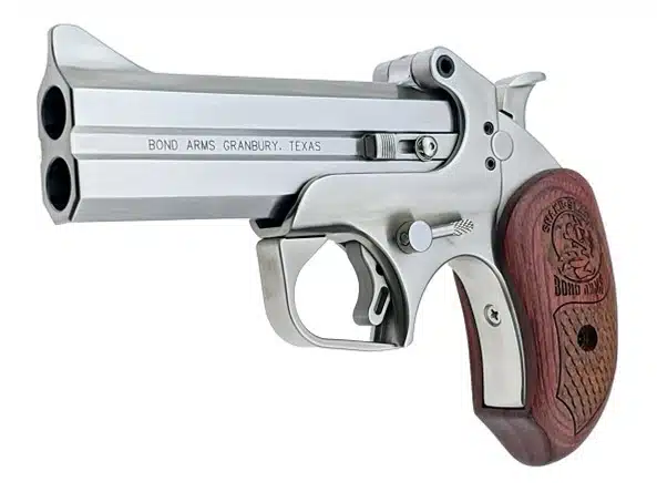 Sleek stainless steel firearm with dual barrels and elegant wood grip for collectors and enthusiasts.