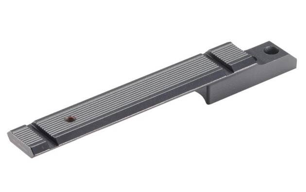 Durable matte black firearm mounting rail with textured grooves for secure optics attachment.