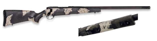 Sleek camouflage rifle for precision hunting, featuring ergonomic design and durable metallic barrel.