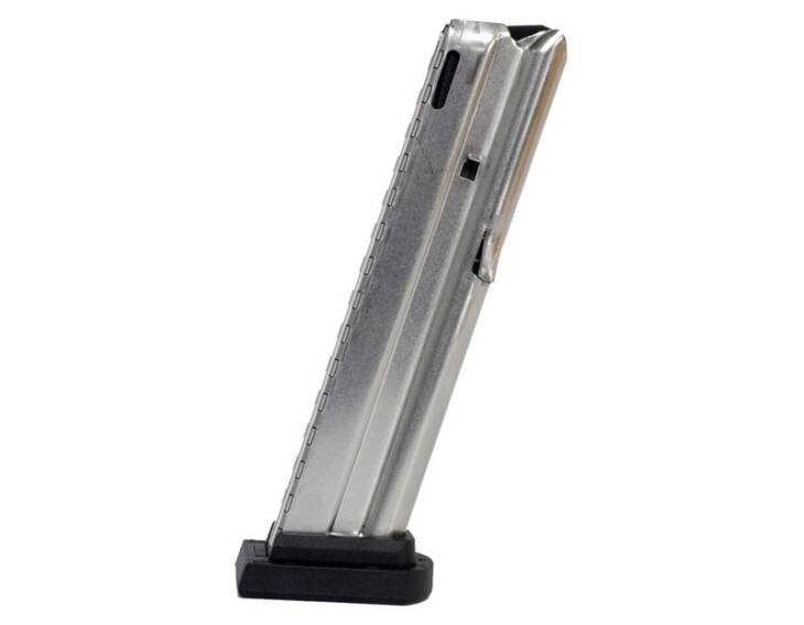 Sleek semi-automatic pistol magazine with durable design, holds 10-20 rounds, perfect for enthusiasts.