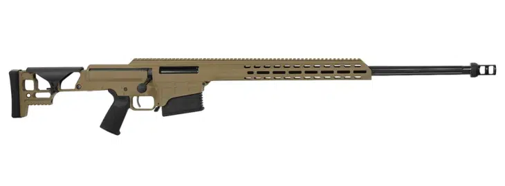 Tactical tan precision rifle with adjustable stock, muzzle brake, and versatile accessory rail system.